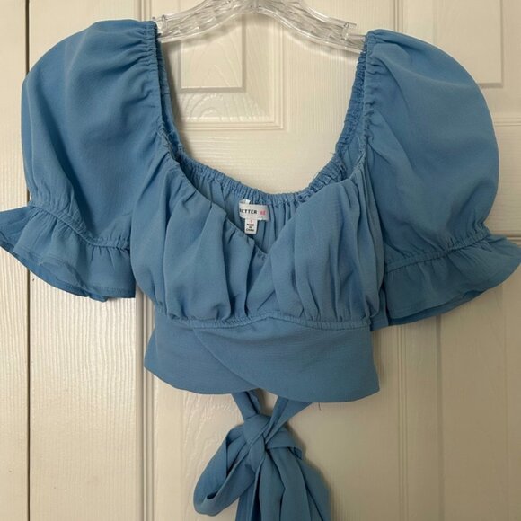 Blue Puff Sleeve Tie Back Crop Top - Picture 1 of 3